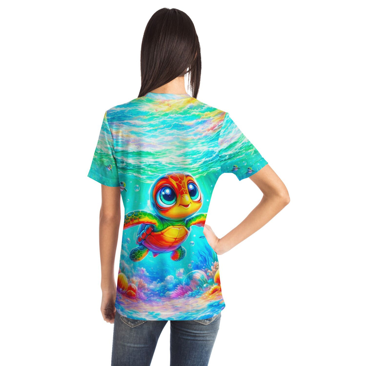 T-Shirt mit buntem Meeresschildkröte Motiv, inspiriert von Diamond Painting und Malen nach Zahlen Designs