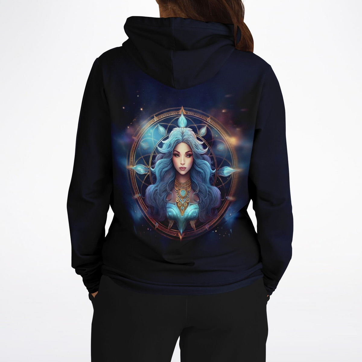 Schwarzer Dreamer Hoodie mit Sternzeichen Jungfrau Motiv als hochwertiger All-Over-Print im galaktischen Stil für Erwachsene
