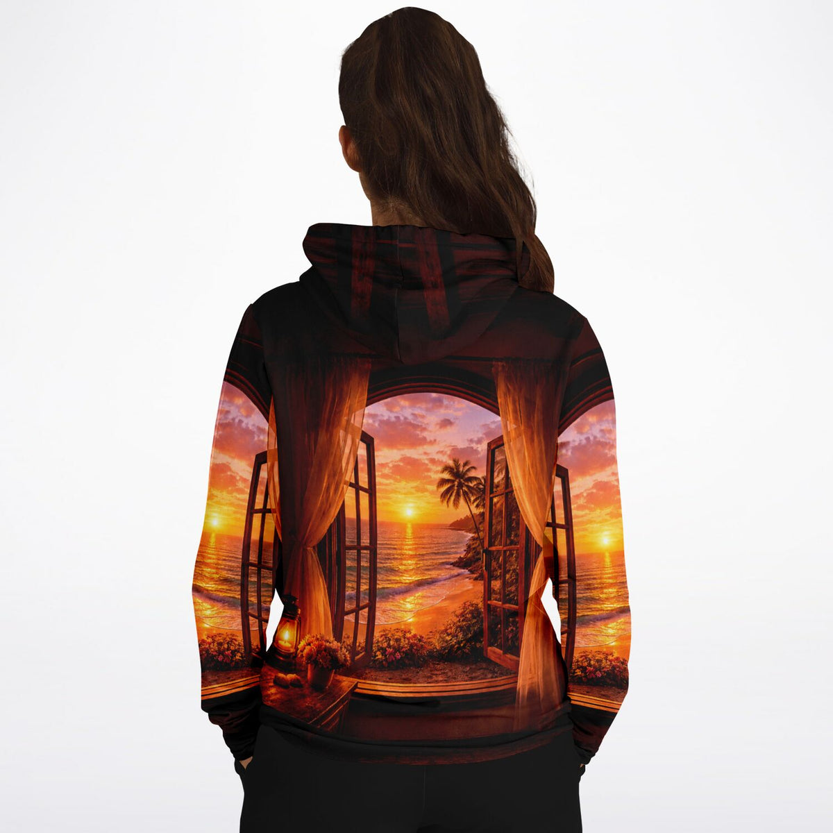 Dreamer Hoodie Goldene Stille mit tropischem Meerblick bei Sonnenuntergang, vergleichbar mit Diamond Painting Motiven
