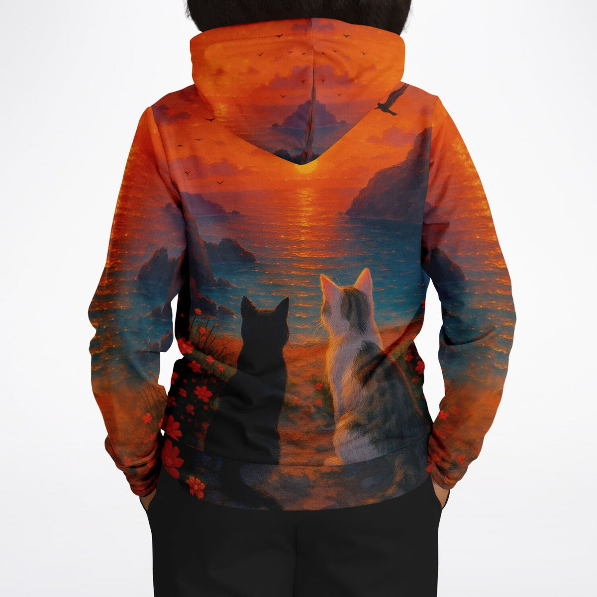 Dreamer Hoodie mit zwei Katzen beim Sonnenuntergang am Meer, Design passend zu Diamond Painting und Malen nach Zahlen Motiven