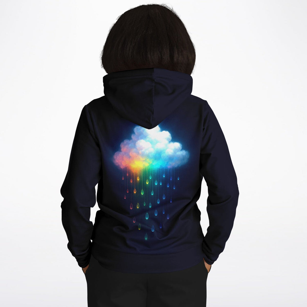 Schwarzer Hoodie mit leuchtendem Regenbogen-Wolken-Motiv, inspiriert von bunten Diamond Painting und Malen nach Zahlen Kunst