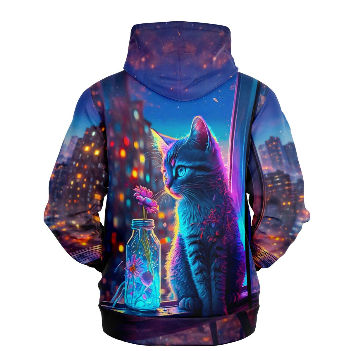 Hoodie mit neonfarbenem Katzen-Motiv in einer nächtlichen Stadt, passend zum Stil von Diamond Painting Kunstwerken.