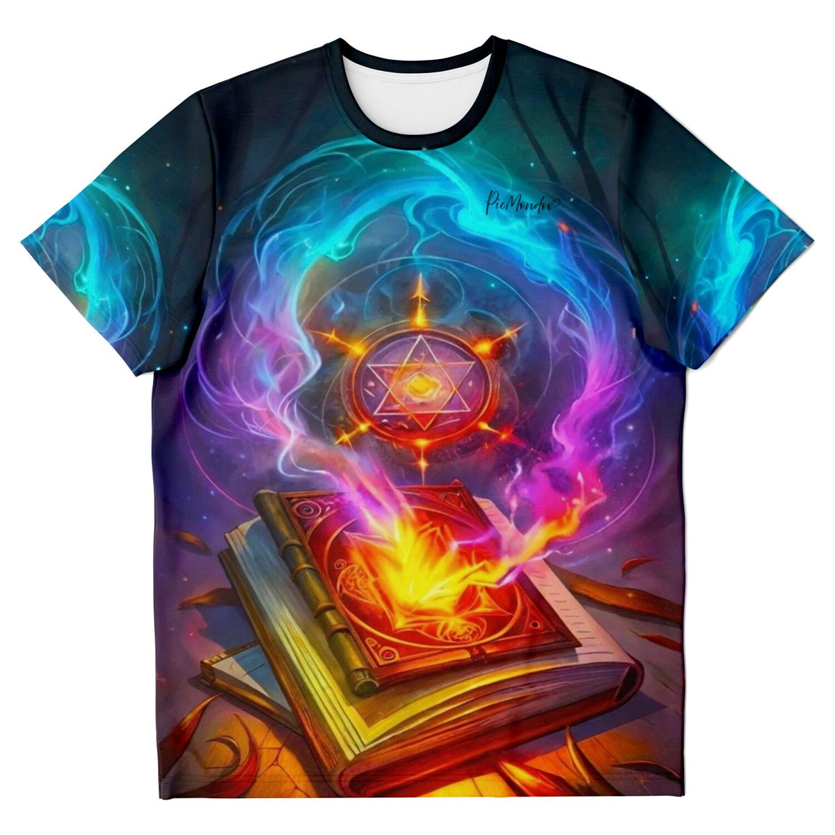 Dreamer T-Shirt mit mystischem Hexenkünste-Motiv: Zauberbuch mit leuchtenden Flammen und magischem Sternensymbol.