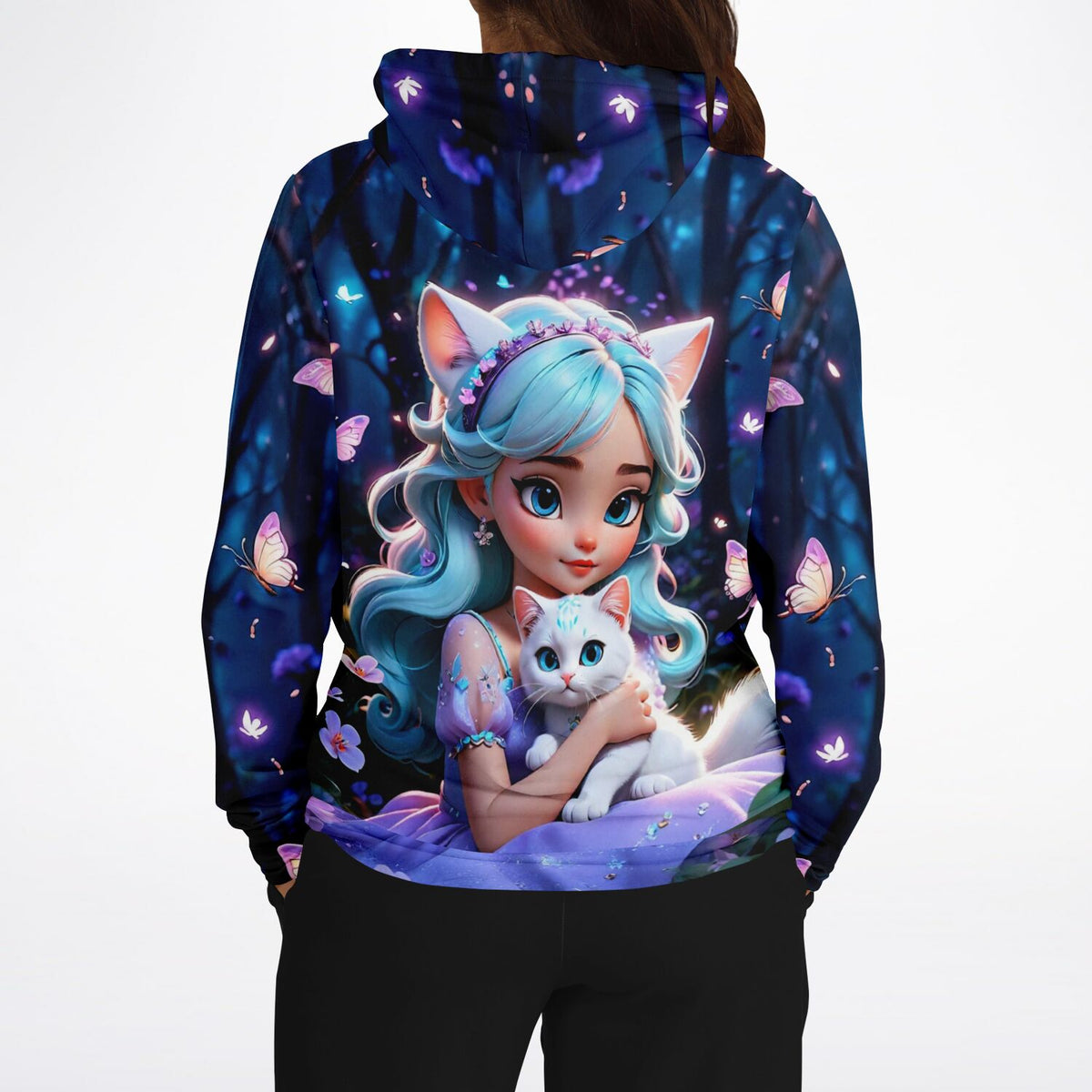 Dreamer Hoodie mit Anime-Mädchen, weißer Katze und Schmetterlingen im All-Over-Print Design für Fans kreativer Kunst.