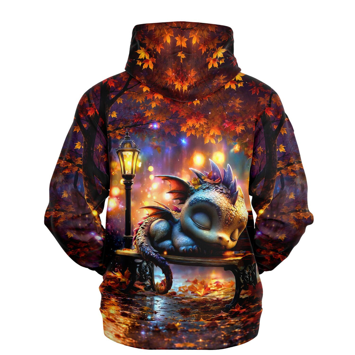 Dreamer Hoodie mit Lumos Schlummer Drachen Motiv, nächtlicher Park mit Laterne und Herbstlaub, hochwertiger All-Over-Print