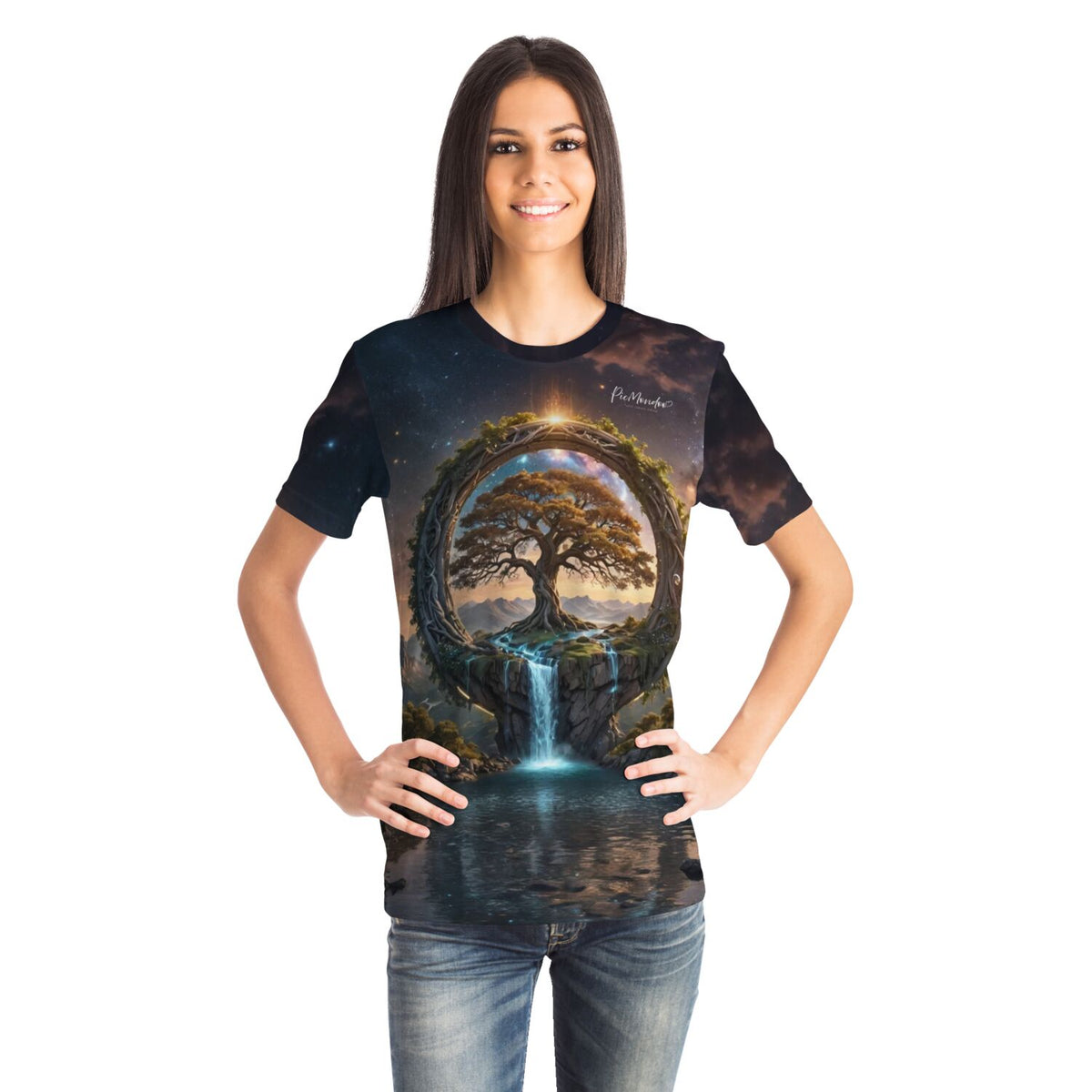 Frau trägt ein T-Shirt mit dem Motiv Tor zur Anderswelt, bekannt aus Diamond Painting und Malen nach Zahlen Kollektionen