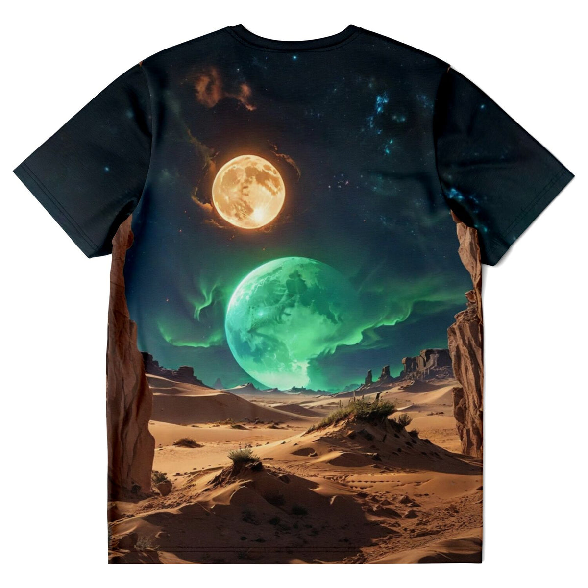 Dreamer T-Shirt Finsternis mit Wüstenlandschaft, Mond und grünem Planeten – inspiriert von Diamond Painting Motiven