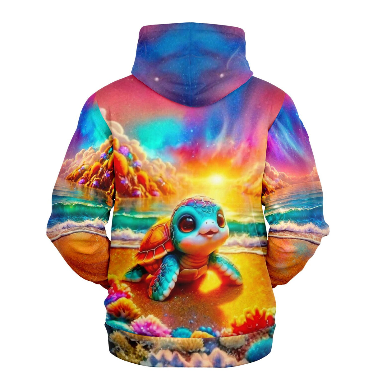 Bunter Hoodie mit Schildkröte am Strand, inspiriert von Diamond Painting Motiven und leuchtenden Farben.