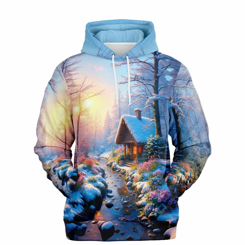 Dreamer Hoodie Wintermorgen mit verschneiter Waldhütte, inspiriert von Diamond Painting Motiven und Malen nach Zahlen Kunst