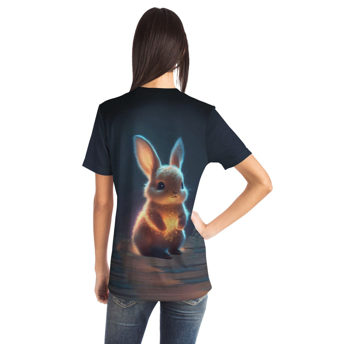 Schwarzes T-Shirt mit leuchtendem Funkelhäschen-Motiv, inspiriert von magischen Diamond Painting und Malen nach Zahlen Designs