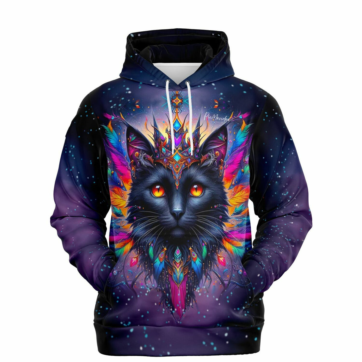 Dreamer Premium Hoodie mit mystischem Katzen-Motiv in bunten Colorsplash-Farben als stylisches Accessoire für Kunst-Fans.