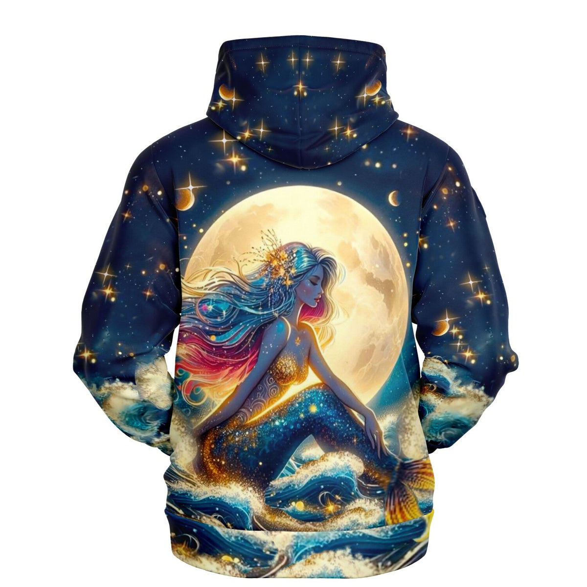 Dreamer Hoodie mit Meerjungfrau im Sternenhimmel Motiv bei Vollmond, inspiriert von Diamond Painting und Kunstdesigns.