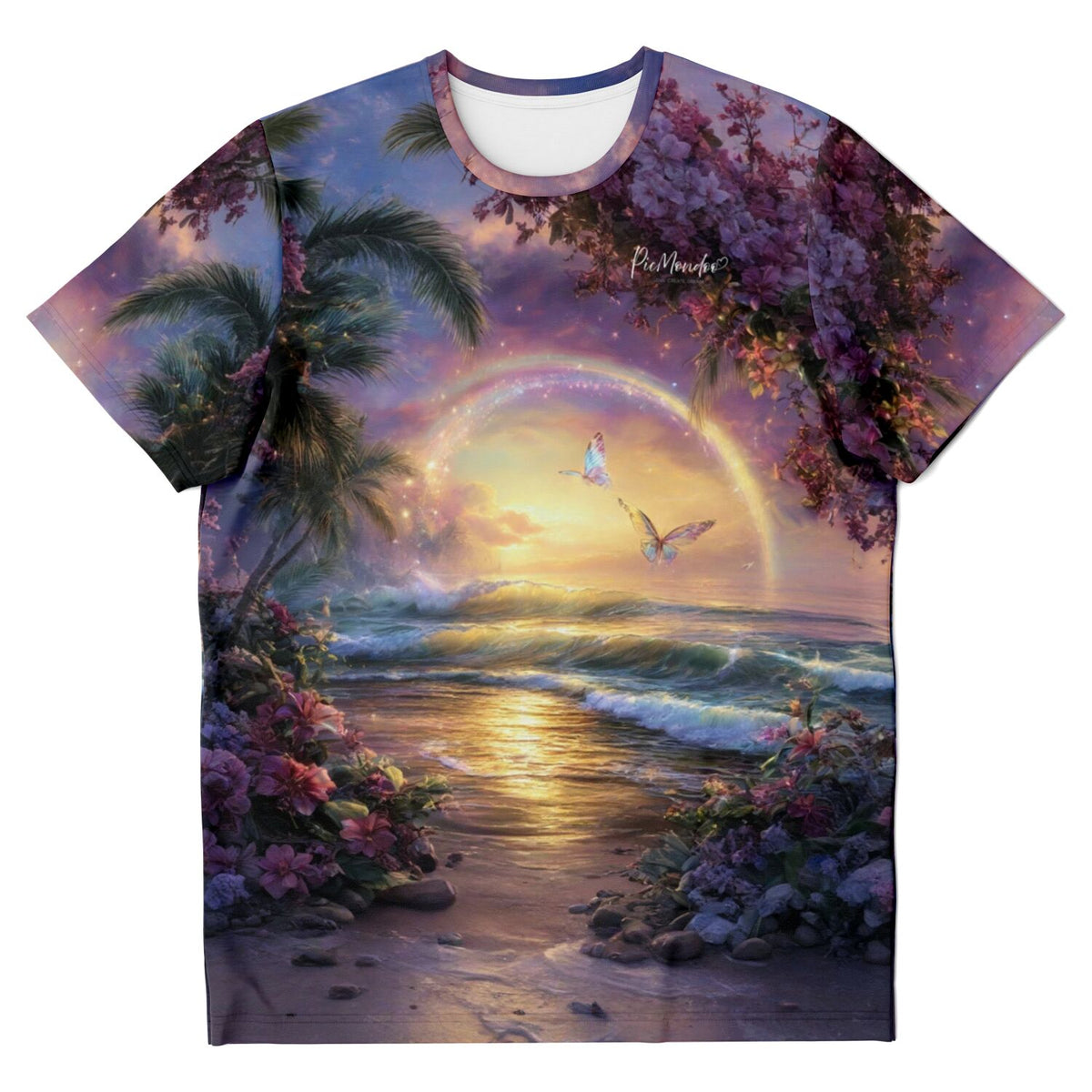 T-Shirt Dreamer mit magischem Motiv: Regenbogen, Palmen und Meer, inspiriert durch Diamond Painting Kunstwerke