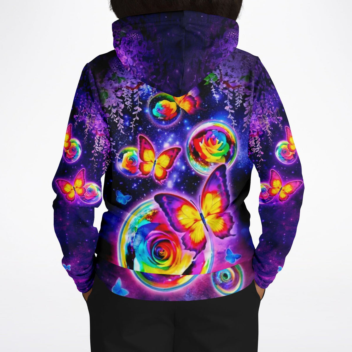 Dreamer Hoodie mit Schmetterlingstanz im Mondschein Design, buntes Schmetterlings- und Rosenmotiv auf violettem Hintergrund