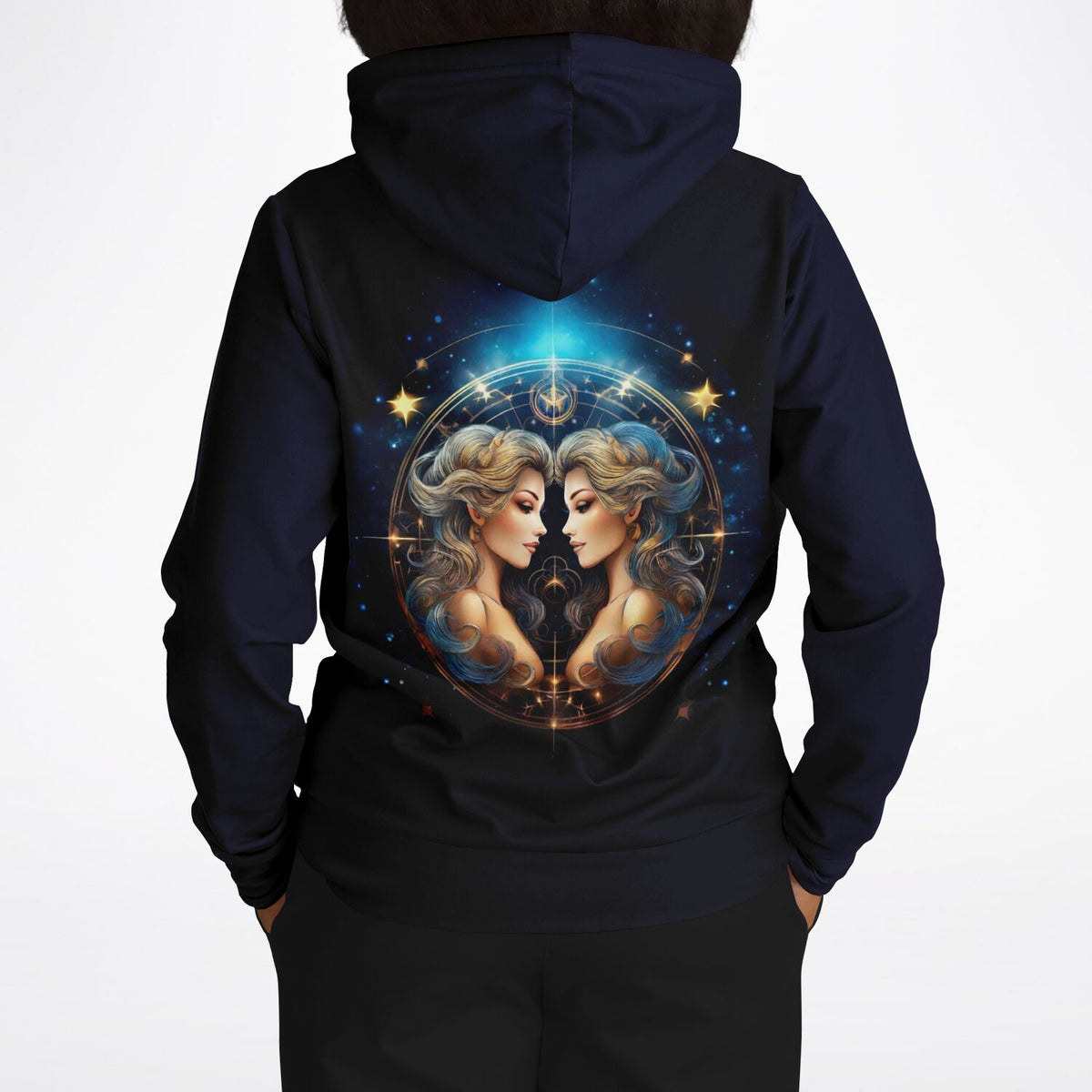 Schwarzer Dreamer Hoodie mit Sternzeichen Zwilling Motiv in Gold und Blau – stilvolles Fashion Design für Astrologie-Fans
