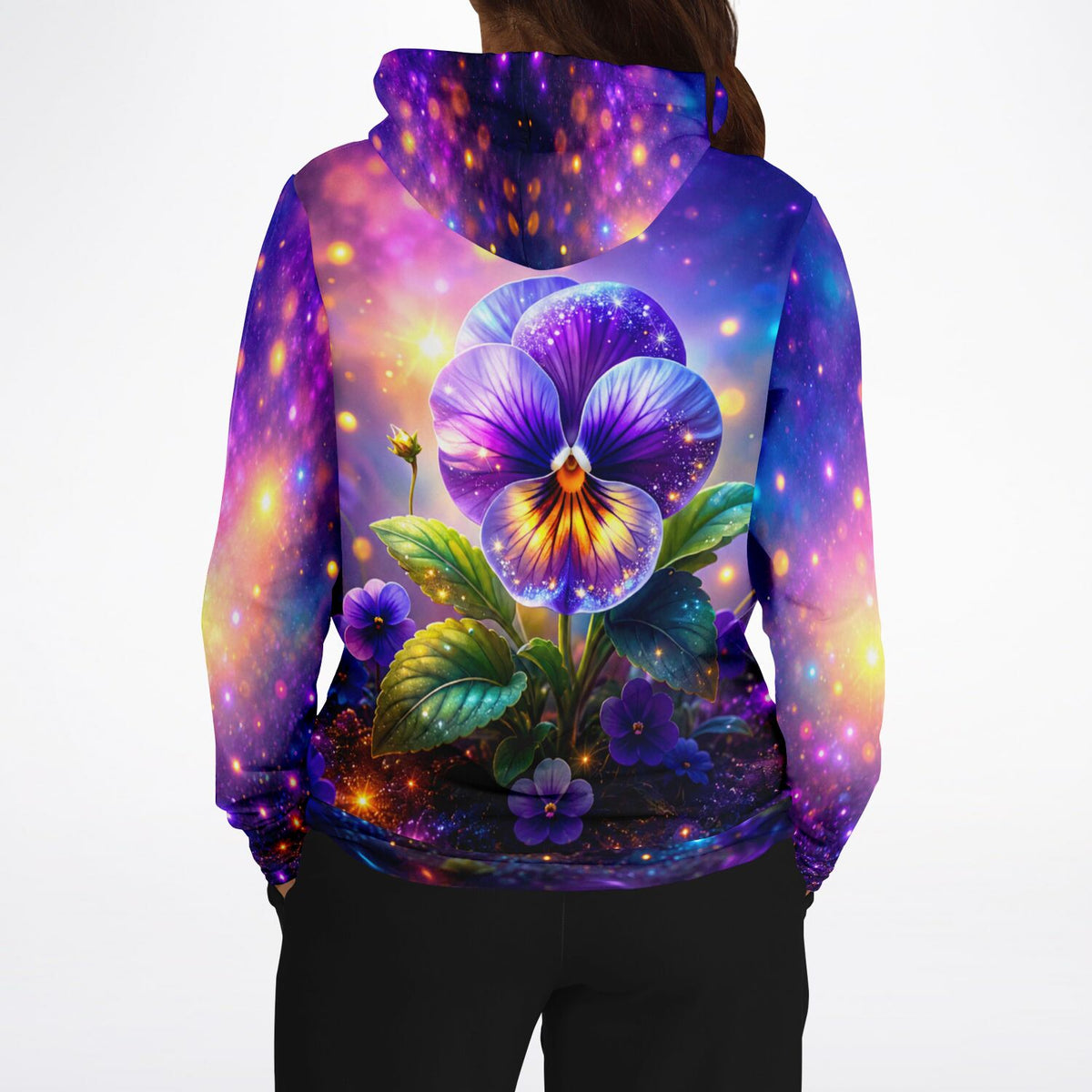 Dreamer Hoodie Sternenveilchen mit lila Stiefmütterchen Motiv und leuchtendem Galaxie-Design für Kunst-Fans