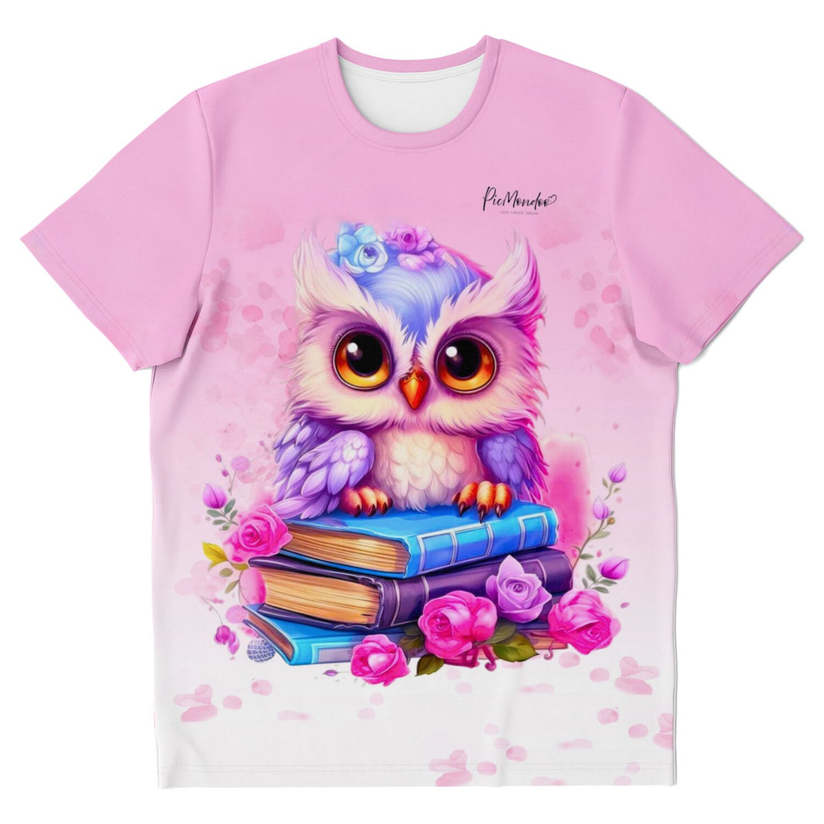 Rosa Dreamer T-Shirt mit niedlichem Büchereulen-Motiv im Stil von Diamond Painting und Malen nach Zahlen Designs