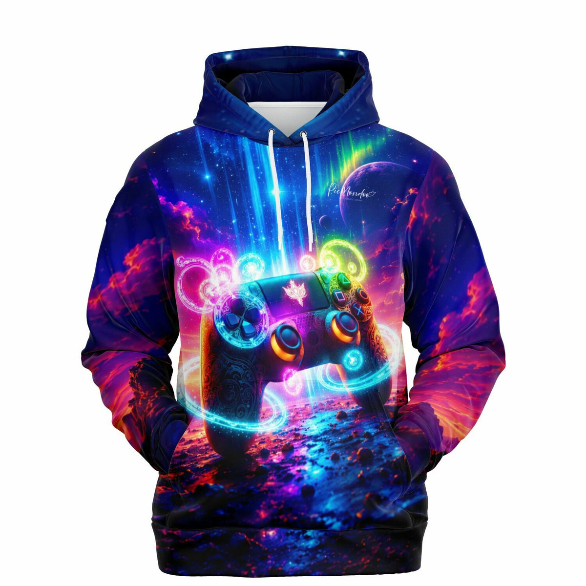 Dreamer Hoodie im Gamer Design mit leuchtendem Gamepad Motiv, farbenfroher Weltraum-Grafik und künstlerischem Stil