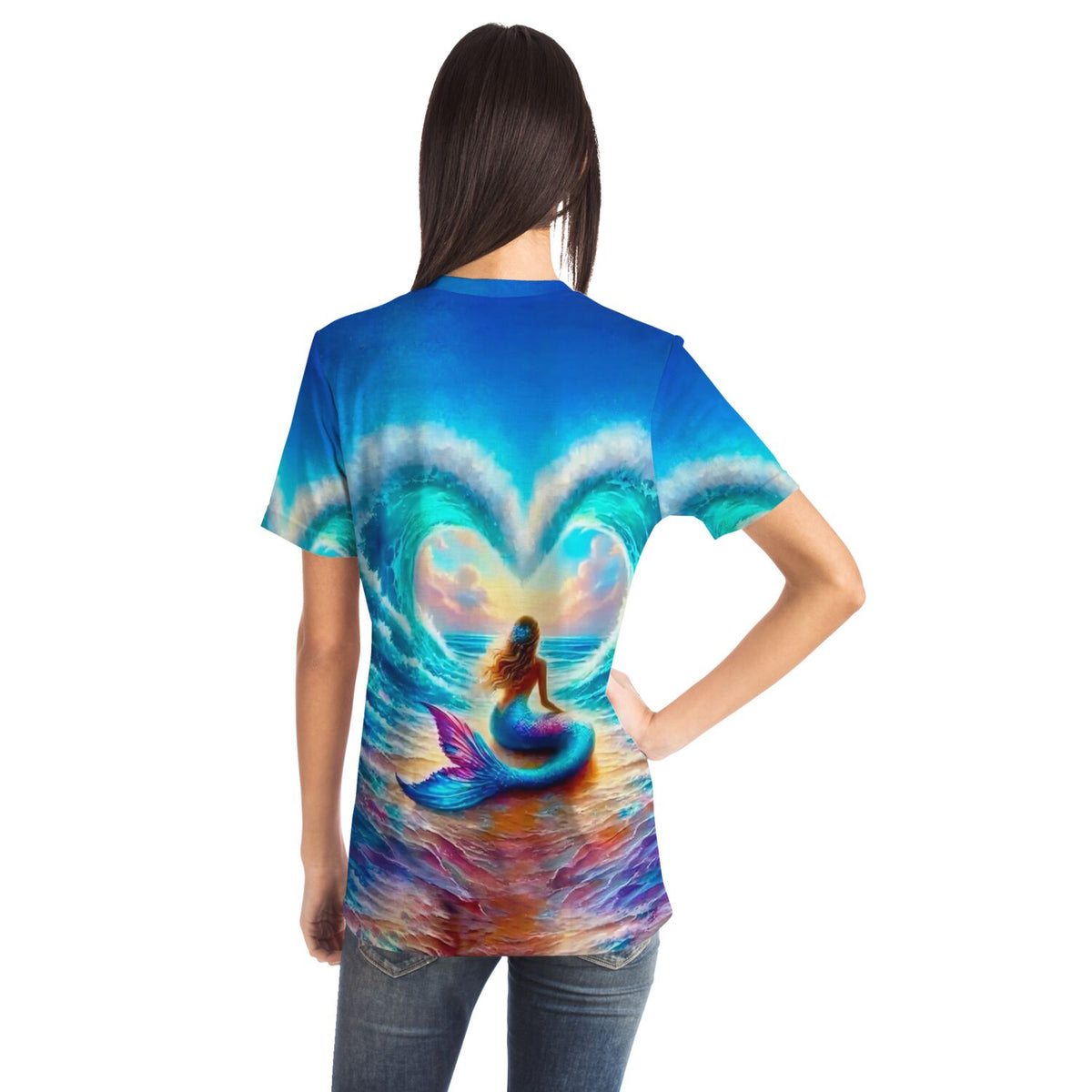 T-Shirt mit Meerjungfrau Motiv in herzförmiger Meereswelle, ideal für Kunst- und DIY-Fans von Diamond Painting