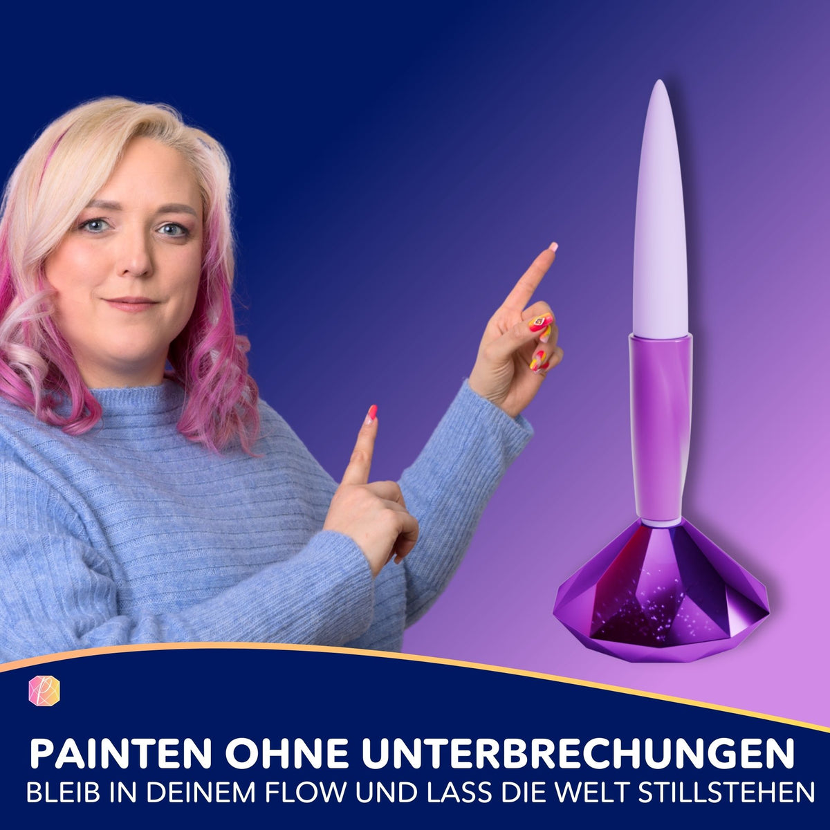 Frau präsentiert den lila Flow-Pen Mini für Diamond Painting – innovativer, wachsfreier Stift für Diamanten Painting