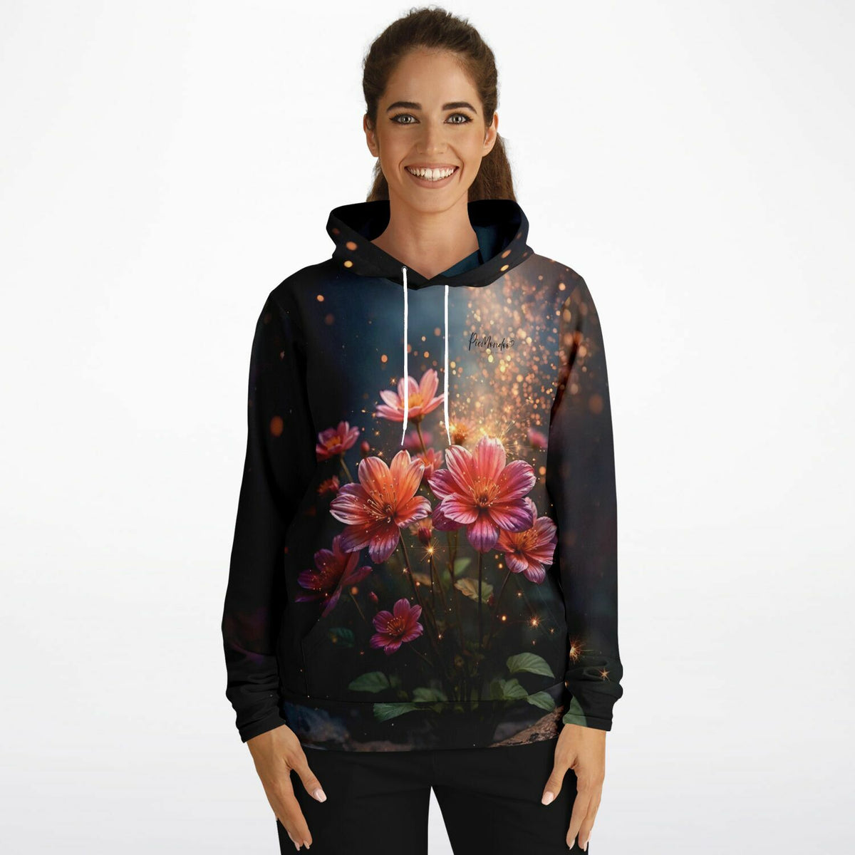 Frau trägt Hoodie mit Flower Sparkle Motiv im Stil unserer Diamond Painting und Malen nach Zahlen Kunstwerke