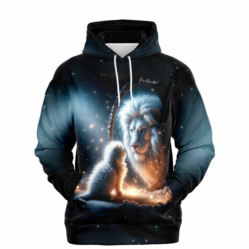 Schwarzer Hoodie mit Löwe und Löwenjunges Spiegelbild Motiv im Diamond Painting Look vor Sternenhimmel