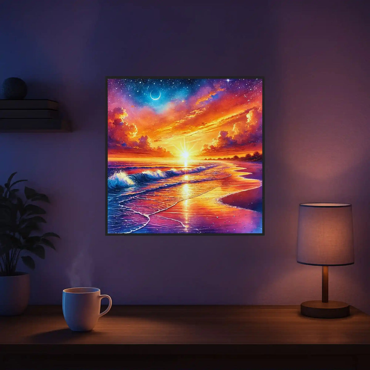 Diamond Painting Set eines lebendigen Sonnenuntergangs am Strand mit funkelnden Sternen und wellenreichem Ozean