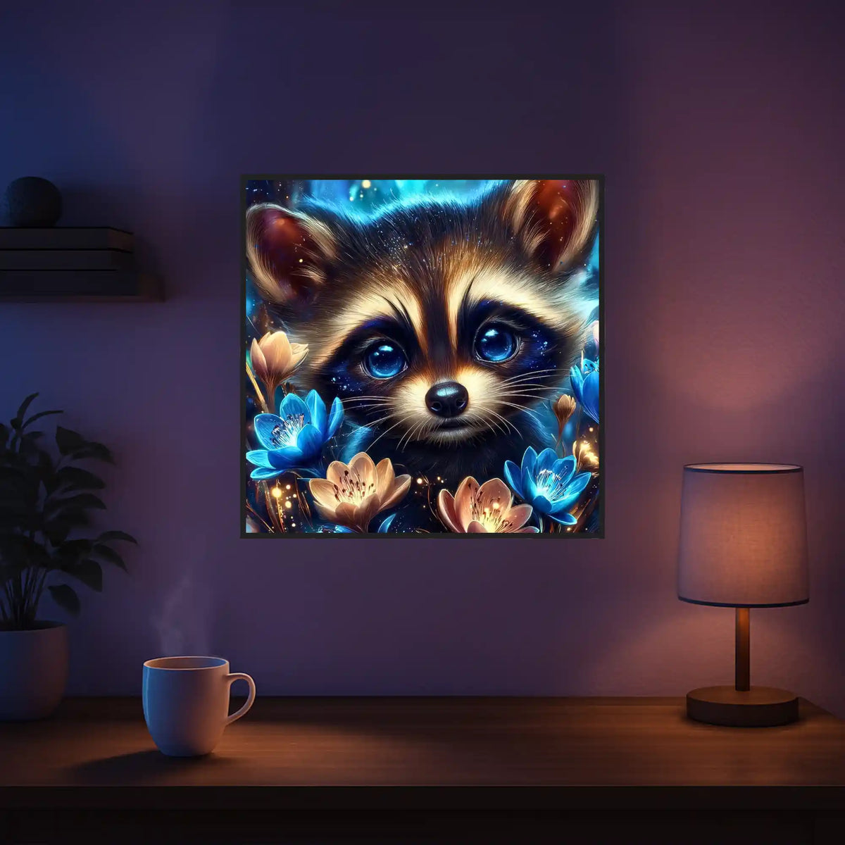 Diamond Painting Set eines niedlichen Waschbären mit leuchtend blauen Augen umgeben von magischen blauen Blüten