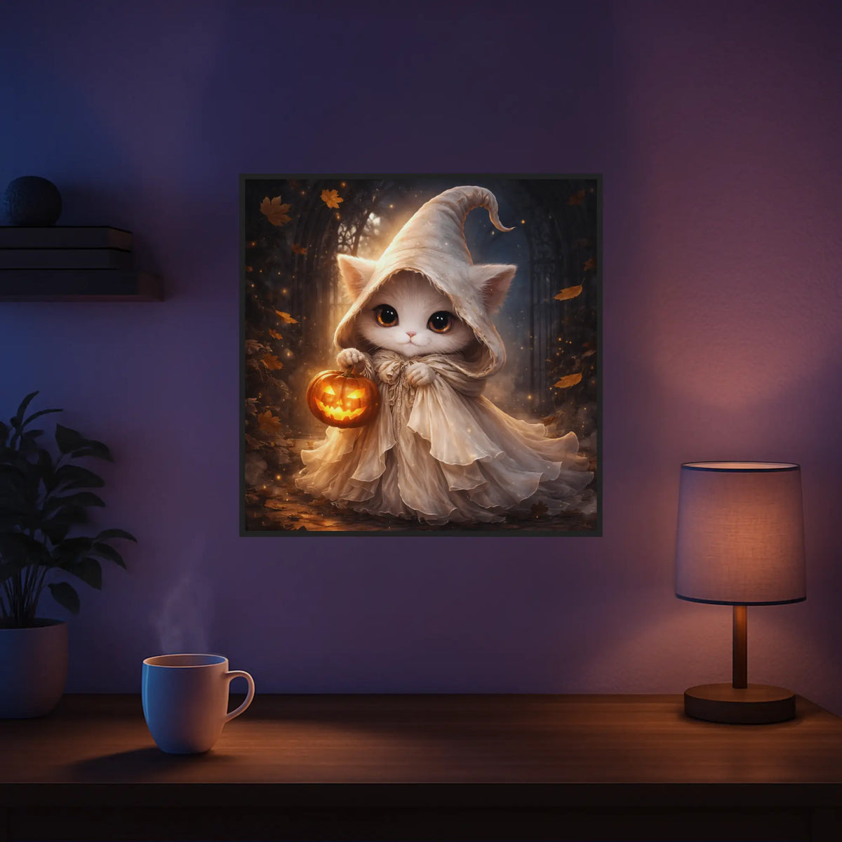 Diamond Painting Wandbild einer süßen Halloween-Katze im Geisterkostüm mit leuchtendem Kürbis