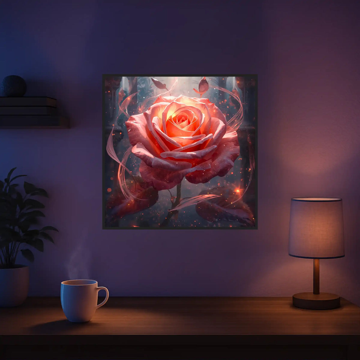 Diamond Painting Set Herzflamme: Magische leuchtende Rose im Fantasy-Stil als funkelndes Wandbild für kreative Stunden.