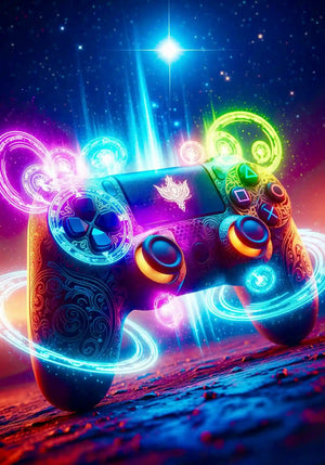 Diamond Painting Set Gamer Universum mit leuchtendem Gaming-Controller, Neonfarben, Galaxie-Motiv und magischen Lichteffekten