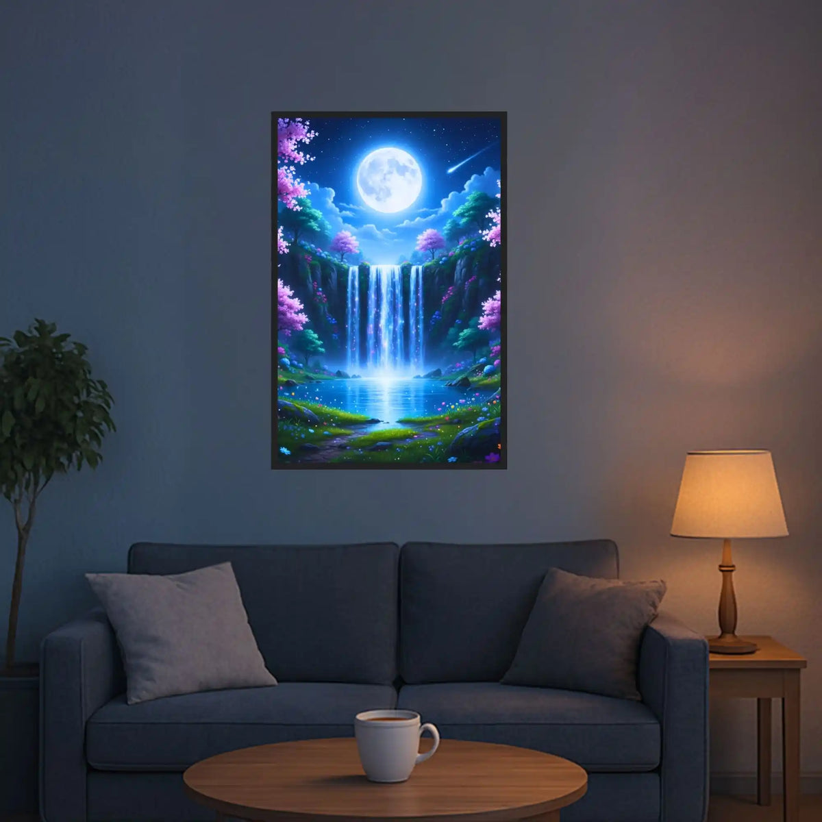 Diamond Painting Set Tal der flüsternden Wasser mit magischem Wasserfall, Vollmond und Blumen in einer Nachtlandschaft.