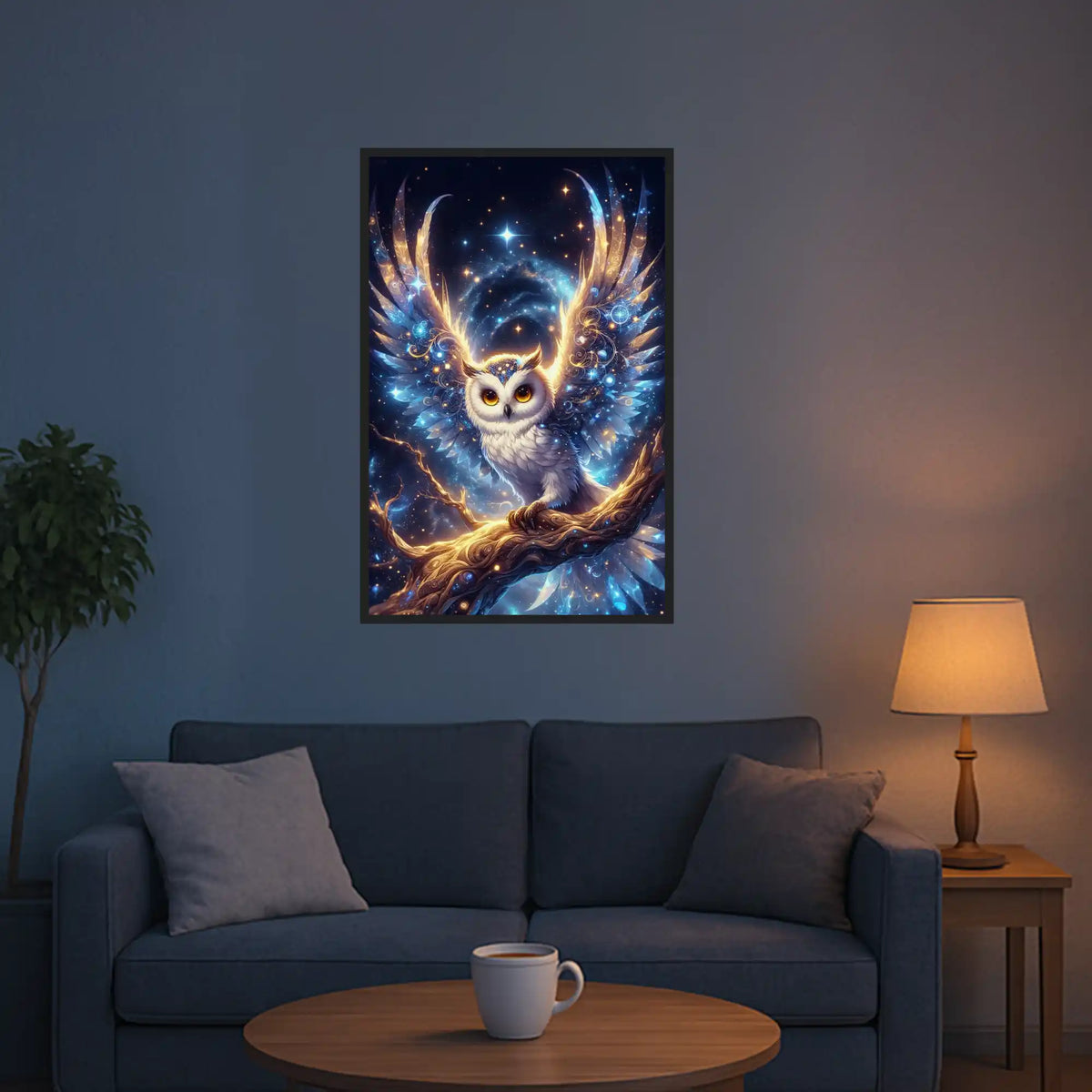 Diamond Painting Set mit magischer Eule vor galaktischem Nachthimmel als funkelndes Wandbild für Erwachsene