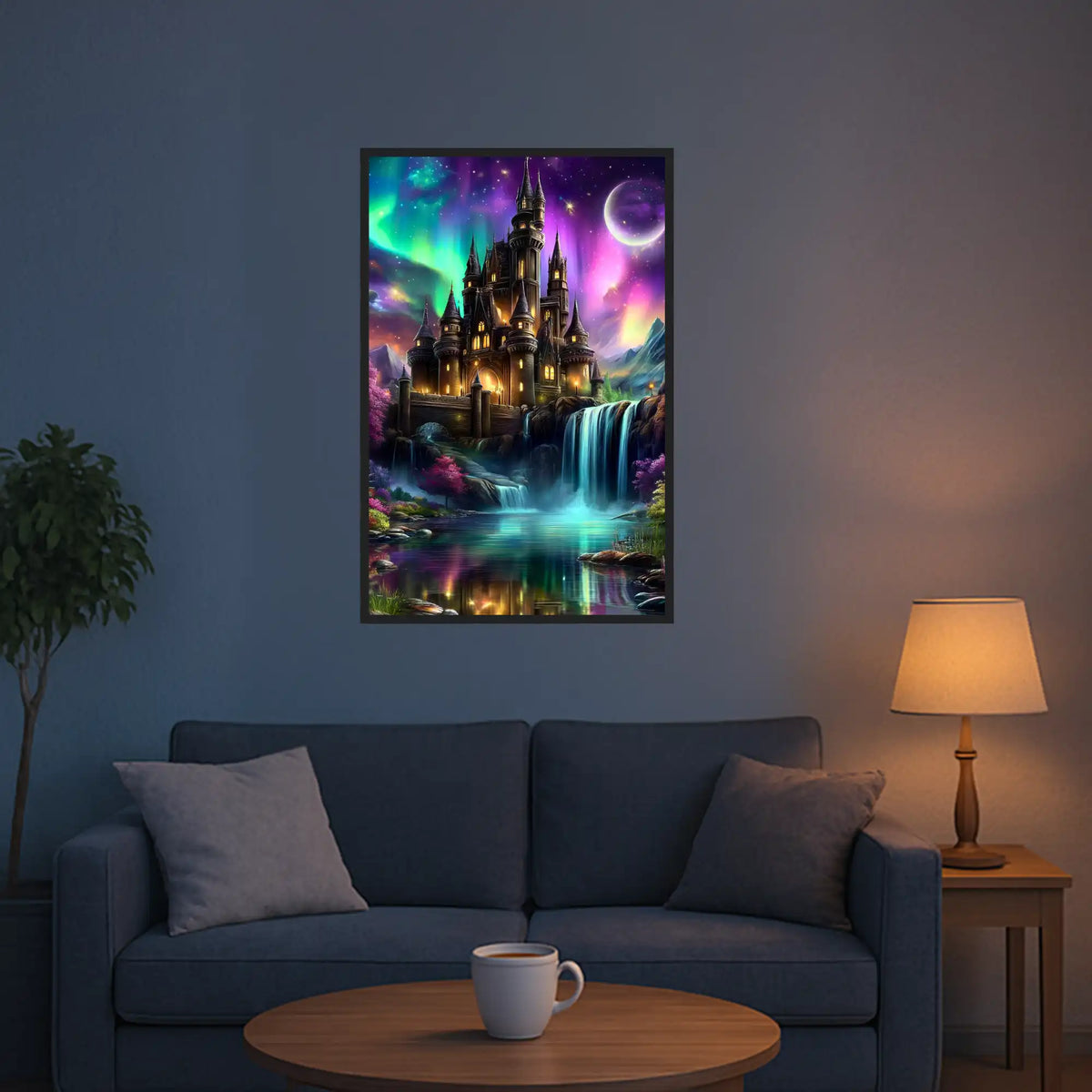 Diamond Painting Set Märchenschloss mit Wasserfall und Nordlichtern als magische Traumlandschaft im Wohnzimmer