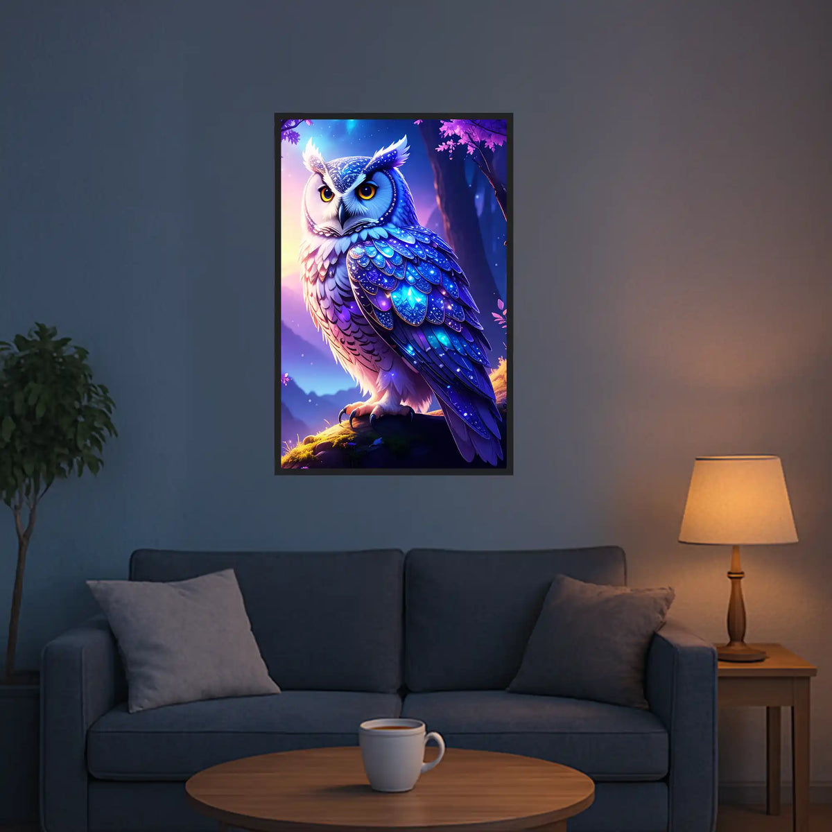 Diamond Painting Set Hüterin der Dämmerung: Eine magische blaue Eule in einem fantasievollen Wald bei Nacht