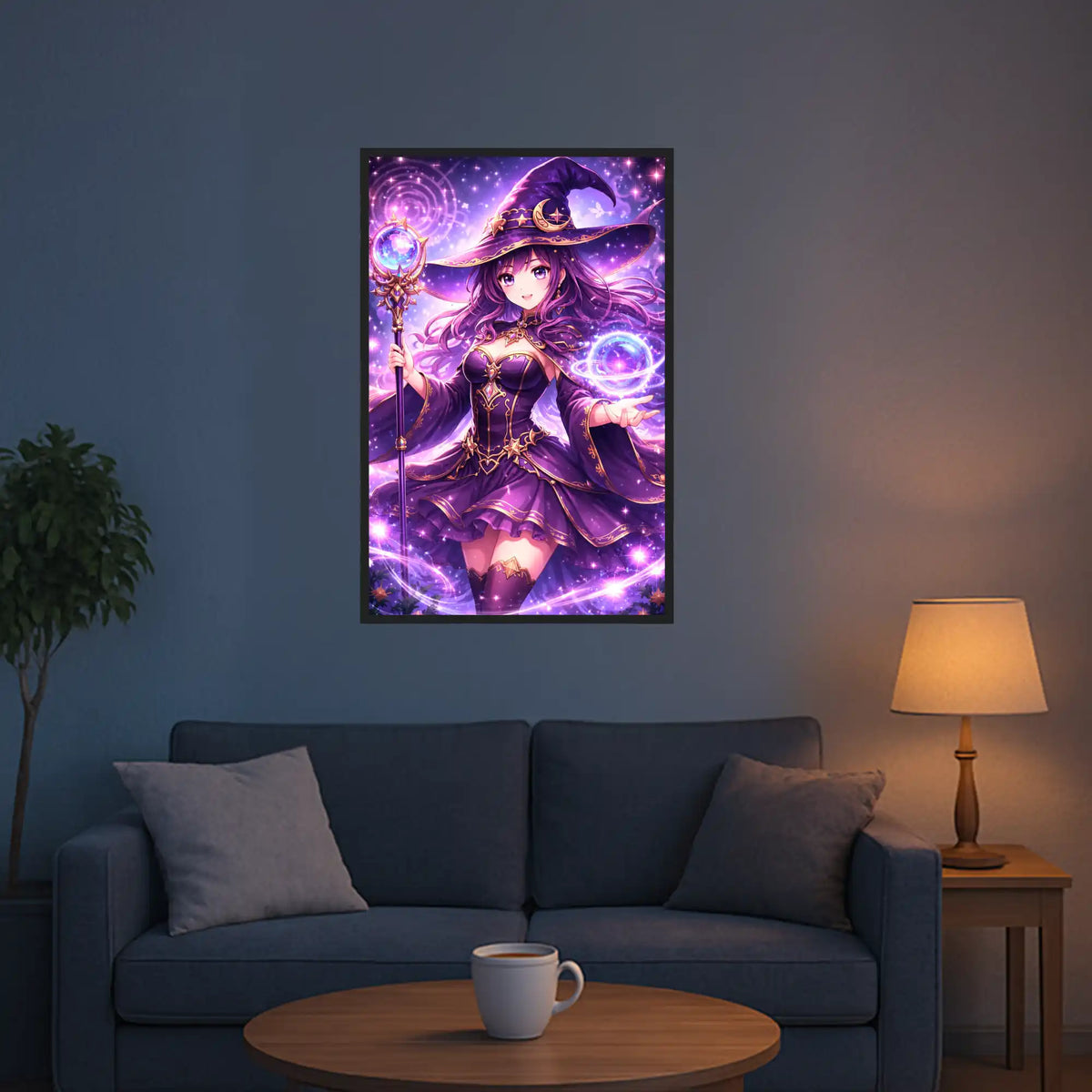 Diamond Painting Celestara als Anime-Zauberin mit magischem Stab vor Sternenhimmel im Wohnzimmer gerahmt an der Wand