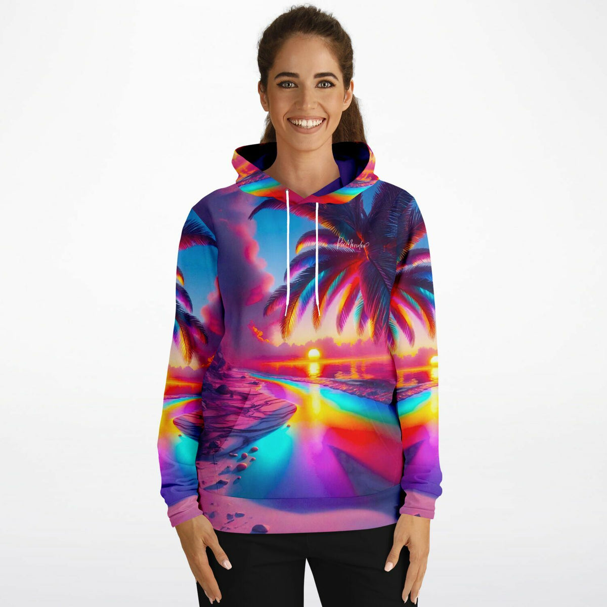Dreamer Hoodie mit farbenfrohem Zauberstrand-Motiv, das an moderne Diamond Painting Kunst und kreative DIY-Styles erinnert.