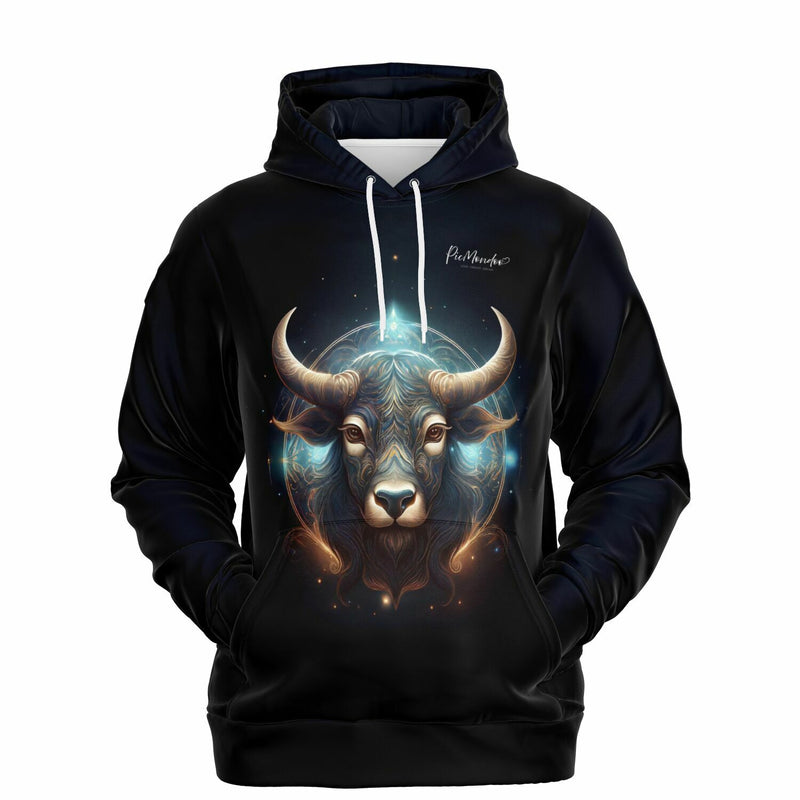 Schwarzer Dreamer Hoodie mit leuchtendem Sternzeichen Stier Motiv im künstlerischen Design für Fans von Diamond Painting