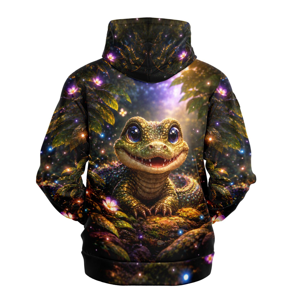 Dreamer Hoodie mit niedlichem Baby-Krokodil im magischen Wald, AOP-Druck in leuchtenden Farben für Kunst-Fans