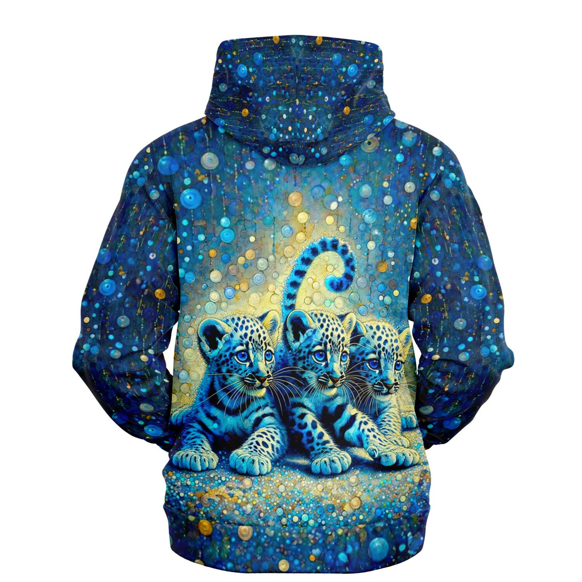 Hoodie mit Leopardenbabys Motiv im Stil von Diamond Painting, blaue Glitzer-Optik und kunstvollem All-over-Print