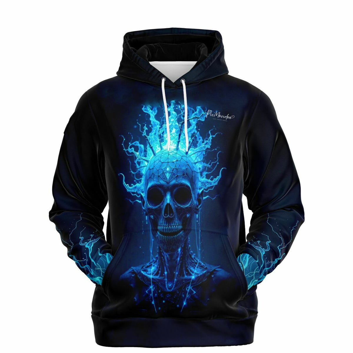 Schwarzer Hoodie mit leuchtendem blauen Totenkopf-Motiv und futuristischem Design im Picmondoo-Stil für Kunst-Fans