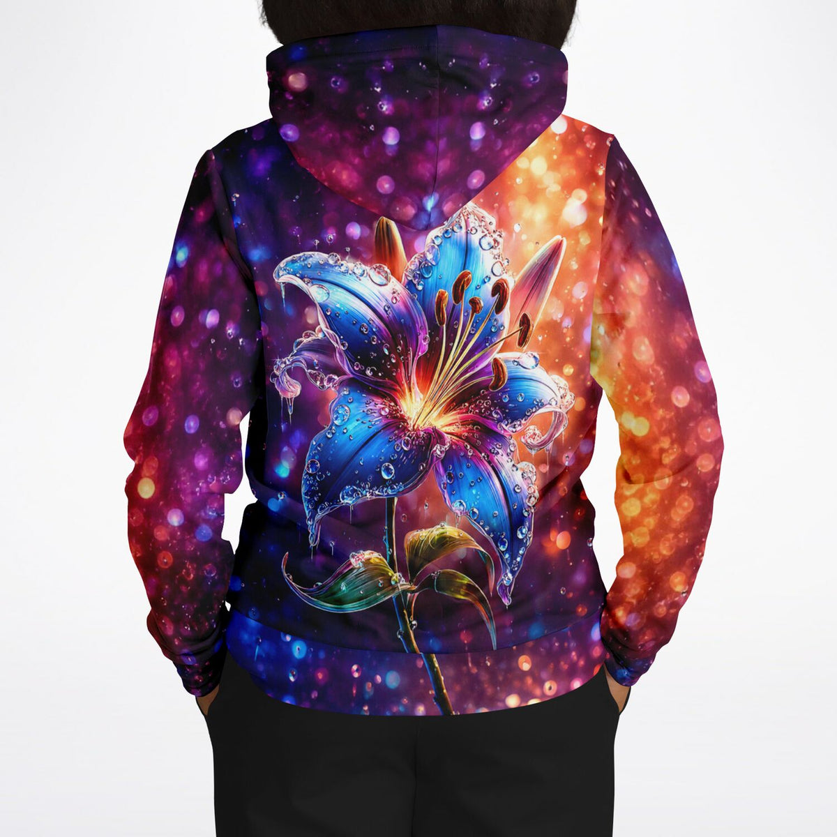 Dreamer Hoodie Regenlied mit leuchtender blauer Lilie und Bokeh-Effekt im Diamond Painting Stil