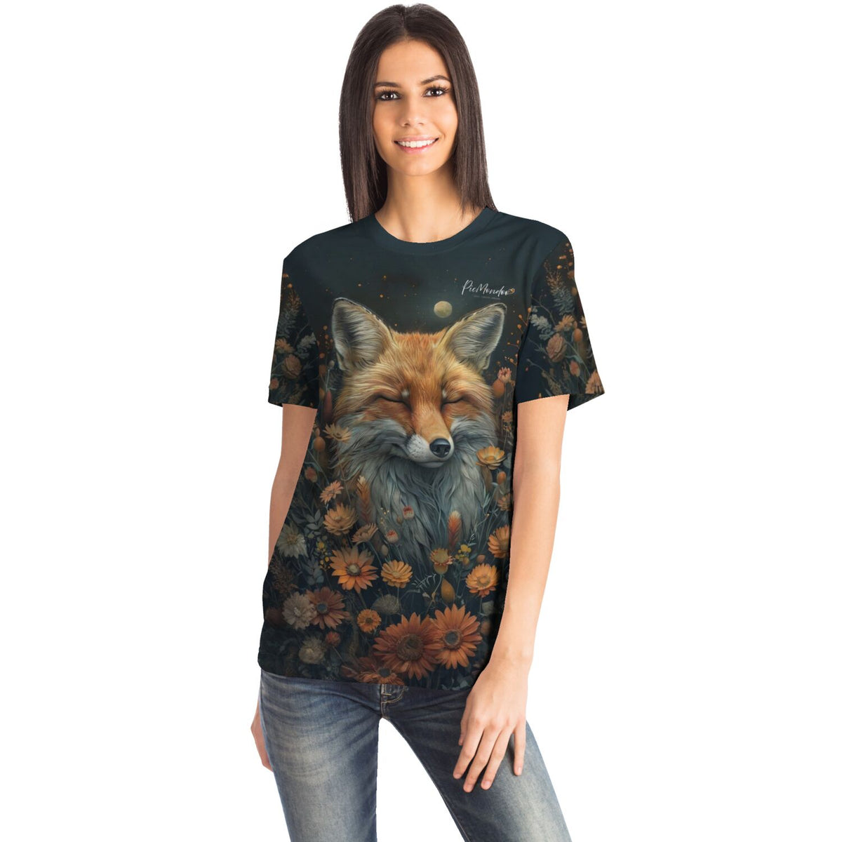 Frau trägt Dreamer T-Shirt mit Foxy Dreams Fuchs-Motiv, inspiriert von Diamond Painting und Malen nach Zahlen Kunst.