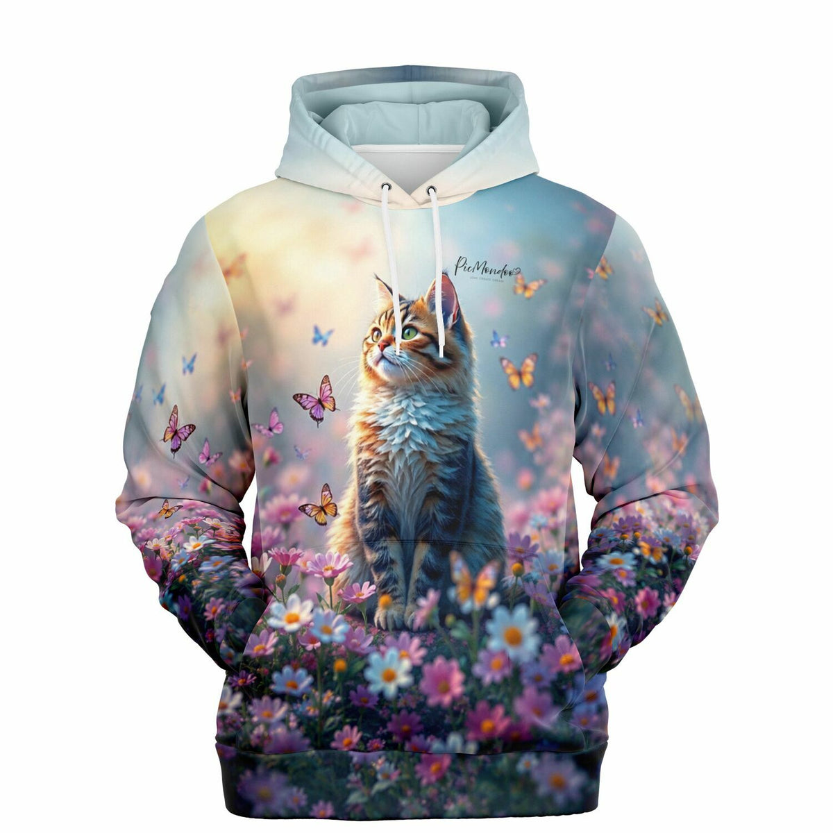 Dreamer Hoodie von Picmondoo mit Katzen-Motiv in Blumenwiese und Schmetterlingen, passend zu Diamond Painting Design.