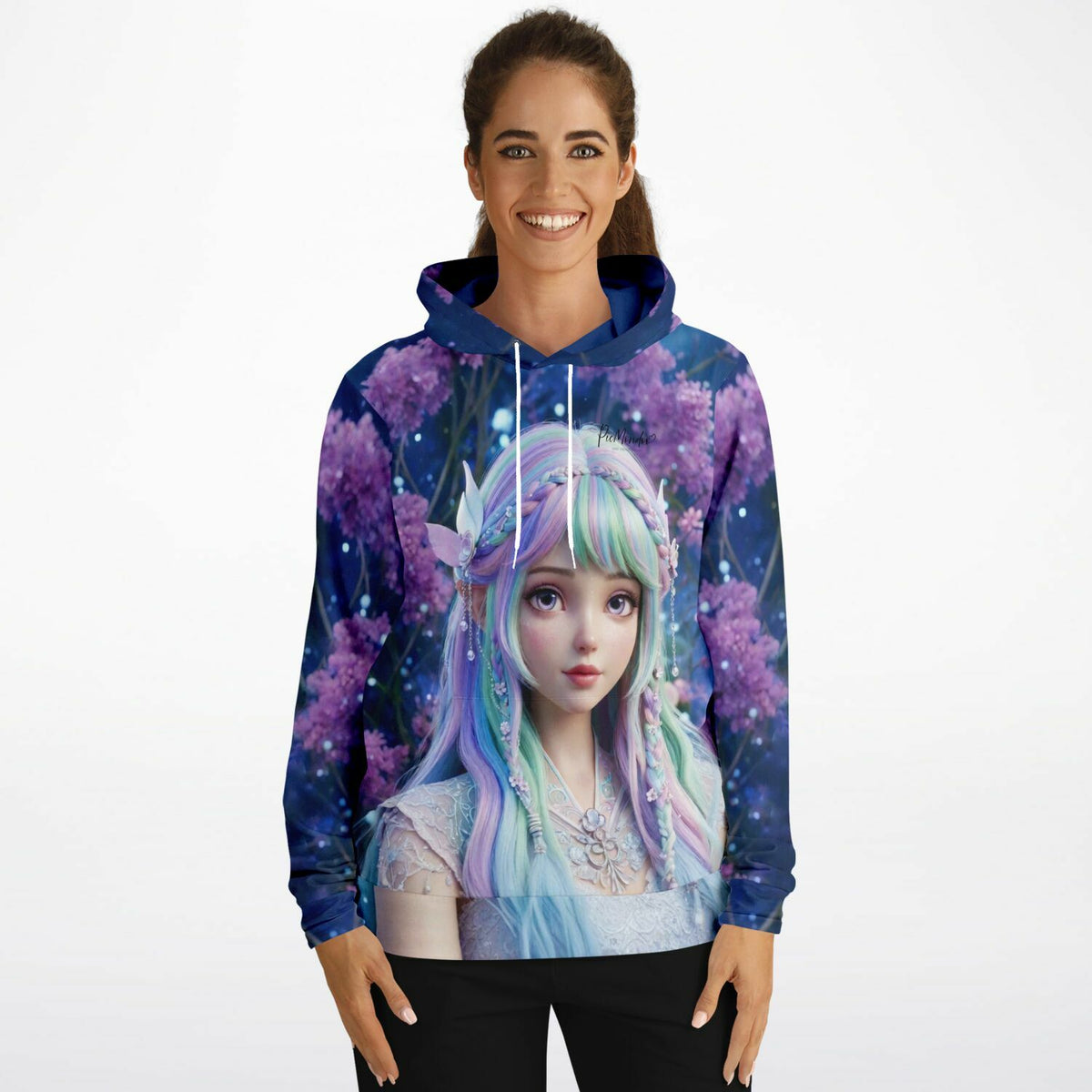 Frau trägt Hoodie mit Feenprinzessin Elara Motiv, ideal für Fans von Diamond Painting und Malen nach Zahlen