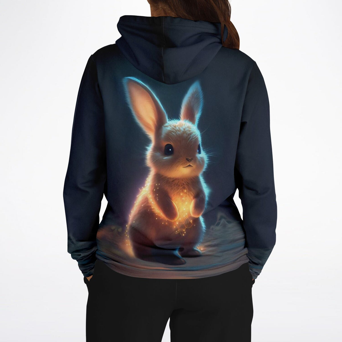 Dunkelblauer Dreamer Hoodie mit leuchtendem Funkelhäschen Motiv für Fans von Diamond Painting und kreativen Designs