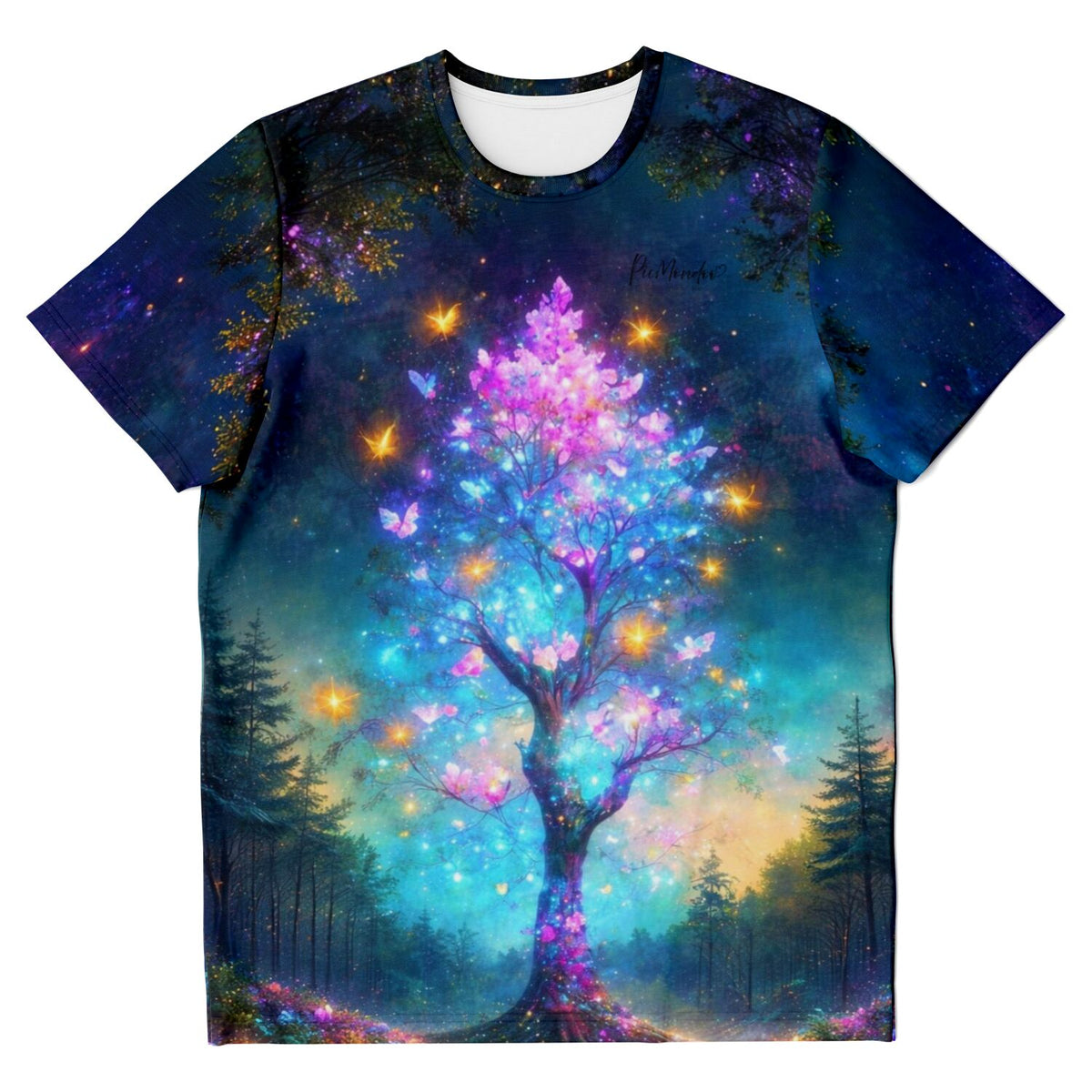 T-Shirt mit Schmetterlingsbaum-Motiv, inspiriert von Diamond Painting Kunst in leuchtenden Farben und magischem Wald-Design.
