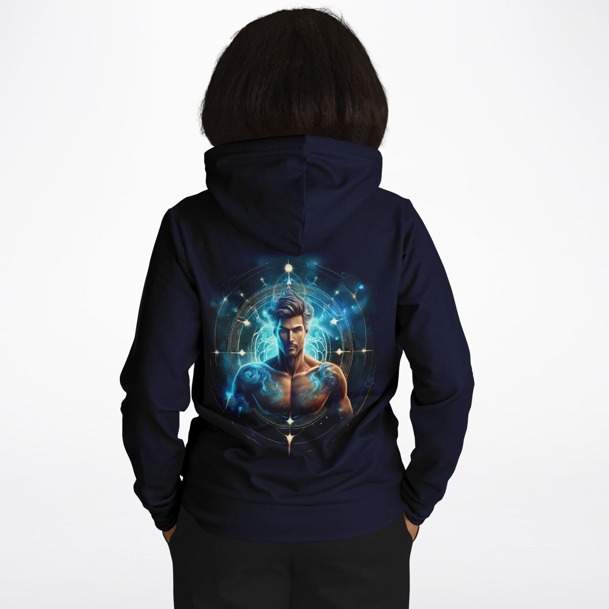 Dunkelblauer Dreamer Hoodie mit leuchtendem Sternzeichen Wassermann Motiv im Stil von Diamond Painting Kunst