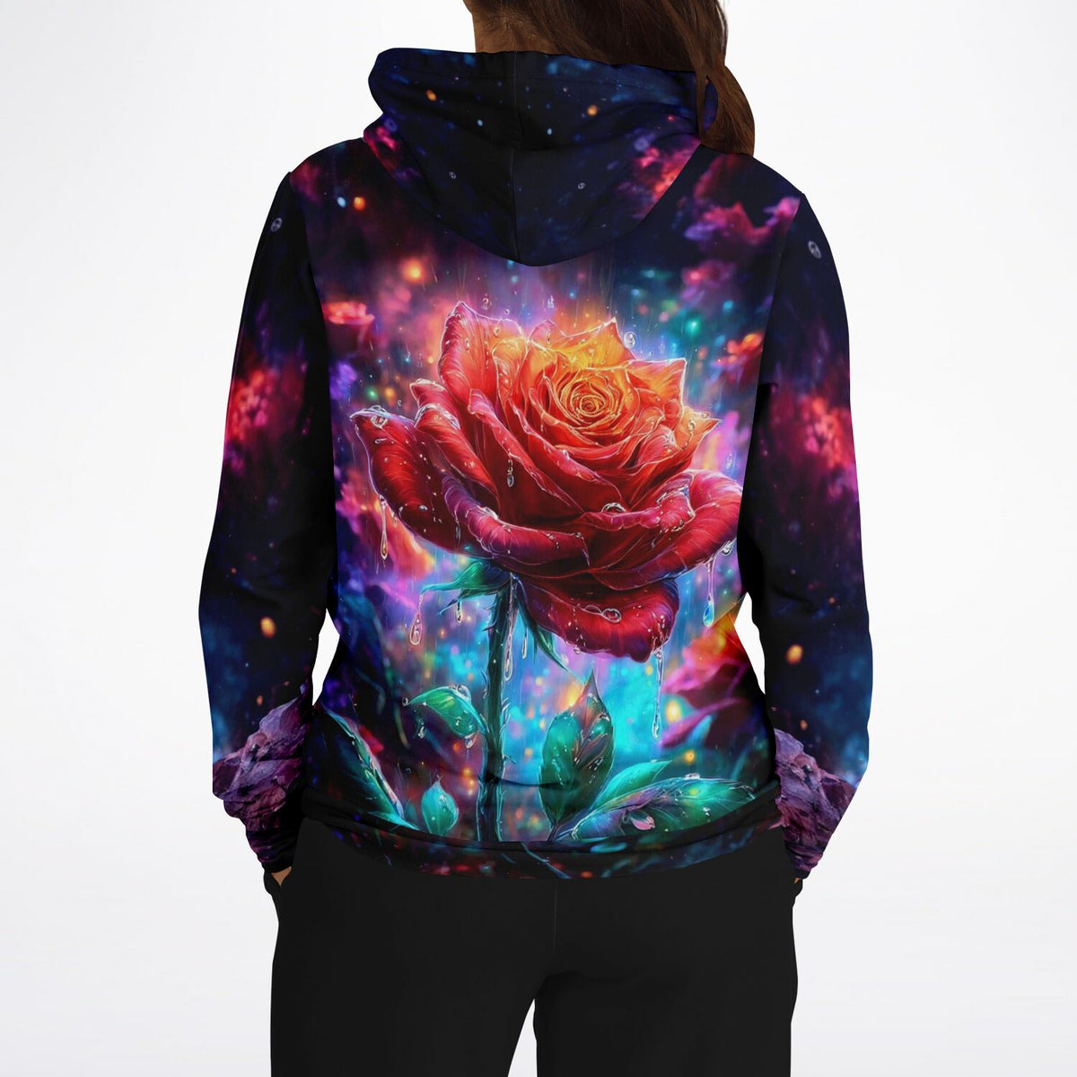 Dreamer Hoodie Regentanz mit leuchtendem Rosen-Motiv im All-Over-Print Design für Fans von Diamond Painting und Kunst.