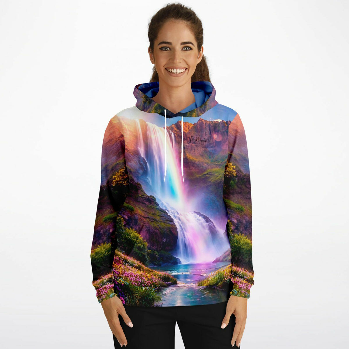 Dreamer Hoodie mit Wasserfall-Motiv in leuchtenden Farben, inspiriert von Diamond Painting und Malen nach Zahlen Kunst.